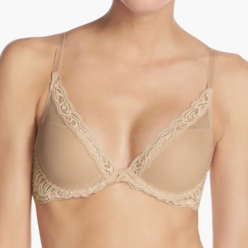 Natori Feathers Plunge T Shirt Bra 34G Beige Lace Mesh Underwire Nude Neutral
